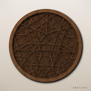 May include: A circular dark brown wooden wall art piece featuring a complex, multi-layered geometric lattice pattern with intersecting lines and angular shapes. The design creates a sense of depth through cutouts. The text ISOHEDRA is visible.