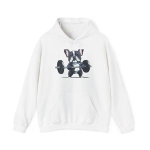 Fransk bulldogg tyngdlyftningslucka, rolig gymhundtröja, Frenchie-träningströja, unisex kraftig blandad luvtröja, hundgåva