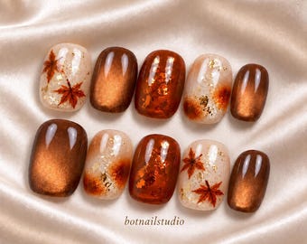Autumn Maple Leaf Press On Nails | Brown Cat Eye Nails | Gold Glitter Nail Art | Short Oval Fake Nails | Fall Leaves Nail Set