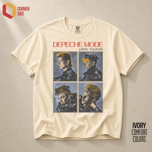 May include: An ivory short-sleeve t-shirt featuring a graphic print of the band Depeche Mode with the text "DEPECHE MODE JAPAN TOUR '85". The graphic consists of four individual portraits of band members in black and white with yellow hair accents.