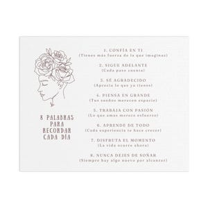 Peut inclure: Une impression sur toile rectangulaire blanche avec une illustration au trait brun foncé représentant une personne avec des fleurs dans les cheveux. Le texte indique 8 PALABRAS PARA RECORDAR CADA DÍA suivi d'une liste numérotée de huit phrases.