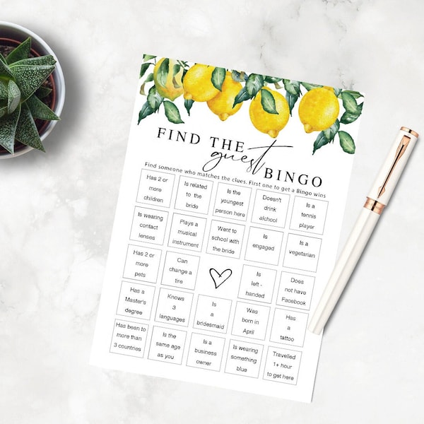 Main Squeeze Bridal Shower Game printable, Lemon Party Fun template, Find the guest bingo editable card, instant download PDF