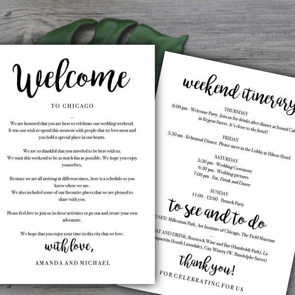 Weekend Itinerary template | Destination Wedding welcome letter | wedding welcome bag |Instant Download | Printable PDF editable file #BRM