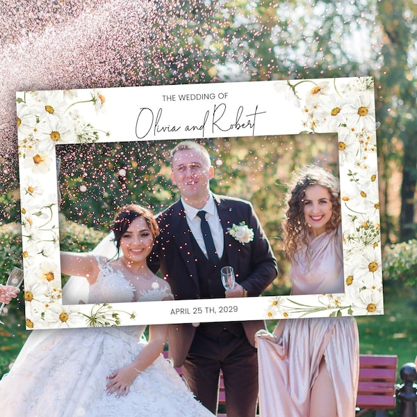 Cornice per selfie e foto del matrimonio con bellissimi fiori di campo, personalizzabile e da stampare, fai da te