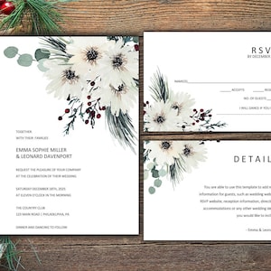 Partecipazioni di Matrimonio invernale con fiori bianchi acquerello, template editabile da stampare, PDF