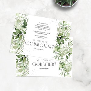 Tarjeta de propuesta de madrina imprimible, plantilla de tarjeta de propuesta de padrino elegante con vegetación, archivo digital personalizado PDF