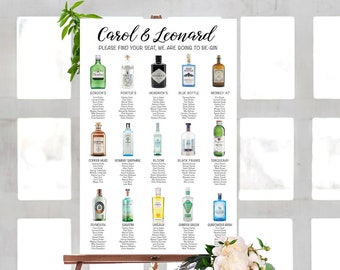 Wedding seating chart with Gin bottles, alcohol themed table plan, customized printable file