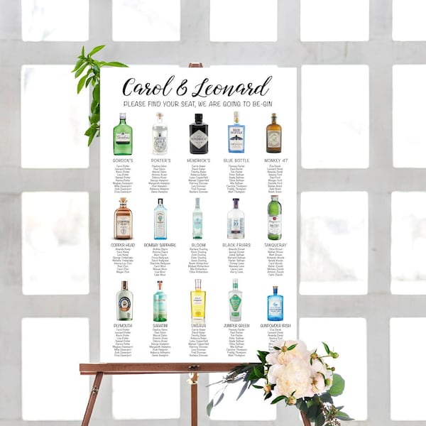 Wedding seating chart with Gin bottles, alcohol themed table plan, customized printable file