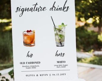 Signature Drinks Sign Template, Signature cocktail Sign, His and Hers Drinks Sign editable template