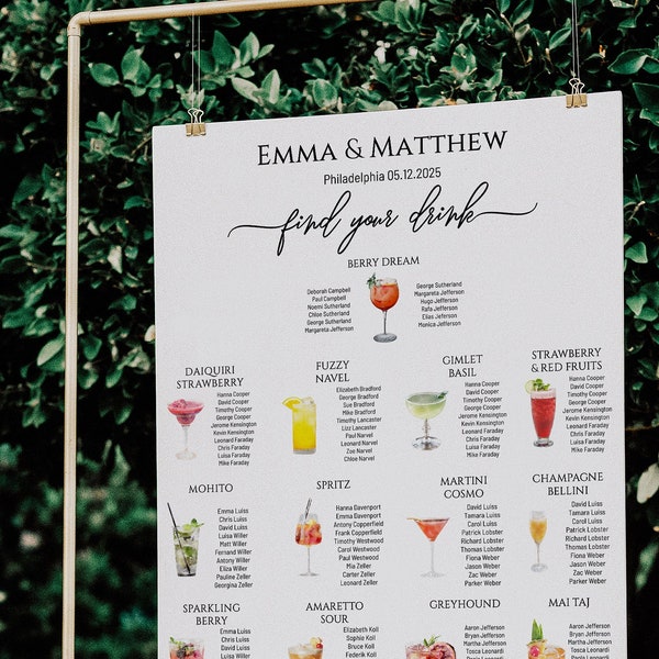 Panneau de plan de table de mariage pour cocktails, table de sièges pour boissons, tableau de mariage sur le thème de l'alcool, modèle de bricolage, vous modifiez et imprimez