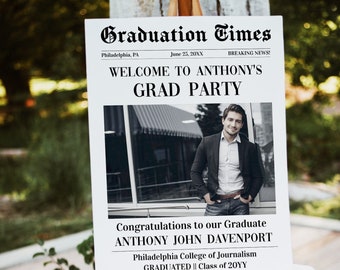 Graduation Decor with Photo, Newspaper themed Graduation Party Decor Fun Sign, Welcome graduation Party Instant download digital template