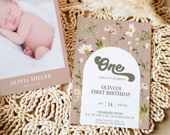 May include: A pink and white floral first birthday invitation with a green and white "One" graphic. The invitation includes the text "Join us to celebrate Olivia's First Birthday" and the date "14th April".