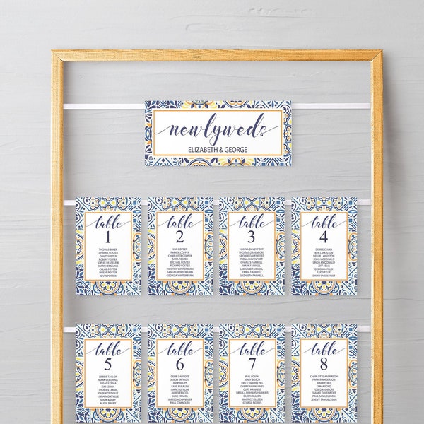 Tiles Wedding Seating Chart Cards, Mediterranean Blue tiles table cards template, instant download tableau de marriage printable PDF #PTL
