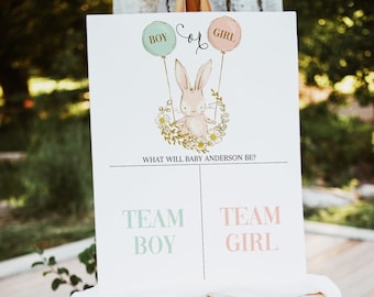 Bunny Gender reveal Sign template, Boy or Girl game poster, cute bunny with balloons sprind gender reveal sign printable
