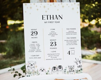 My First Year Milestone Poster, Winter Onederland template, Polar Animals First Birthday Milestone Board printable