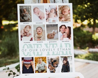 First Year Photo Poster Template, Baby's 1st Birthday Photo Collage Sign Printable, custom photo keepsake