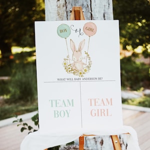 Gioco per Gender Reveal indovina maschio o femmina poster con coniglietto, editabile da stampare