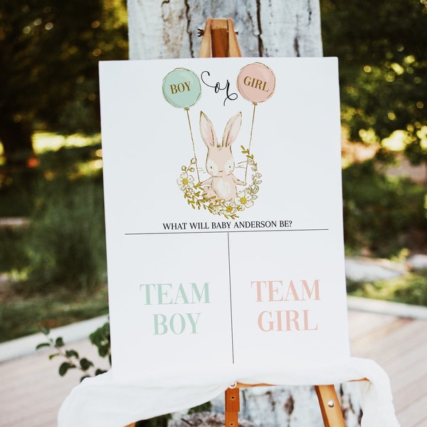 Bunny Gender reveal Sign template, Boy or Girl game poster, cute bunny with balloons sprind gender reveal sign printable