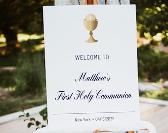 First Communion Welcome Sign printable, Gold Calice Welcome poster template, First Holy Communion Decor editable digital download AA01