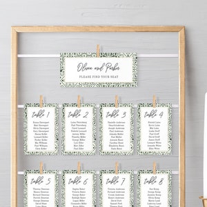 Seating Chart Cards template, Green tiles wedding seating chart, 5x7 guest names cards, table seating cards printable