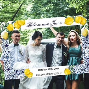 Photo Booth Frame Printable, Lemons and Blue tiles Wedding template photo prop, PDF