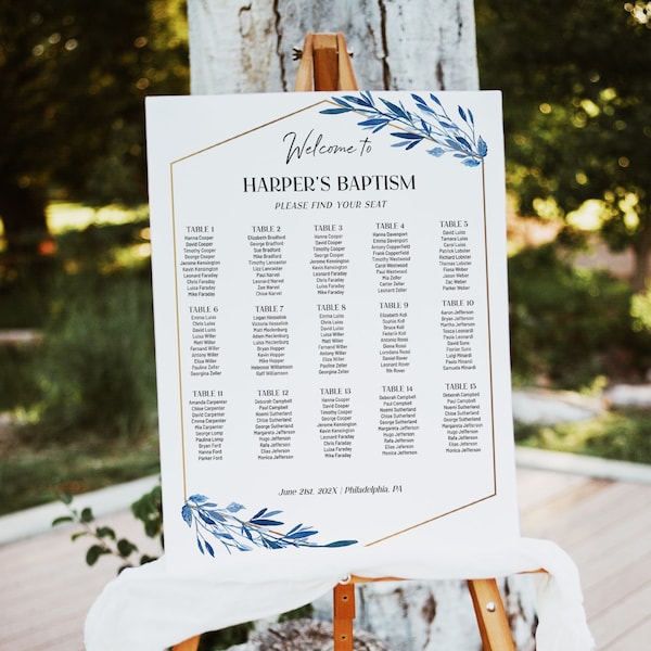 Blue leaves seating chart template, Elegant gold frame and blue foliage Baptism table plan editable, Communion Seating plan sign printable