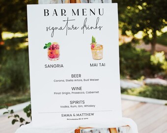 Bar Menu Sign Template,  Signature Drink Wedding Bar Menu template, Wedding Drink menu customizable