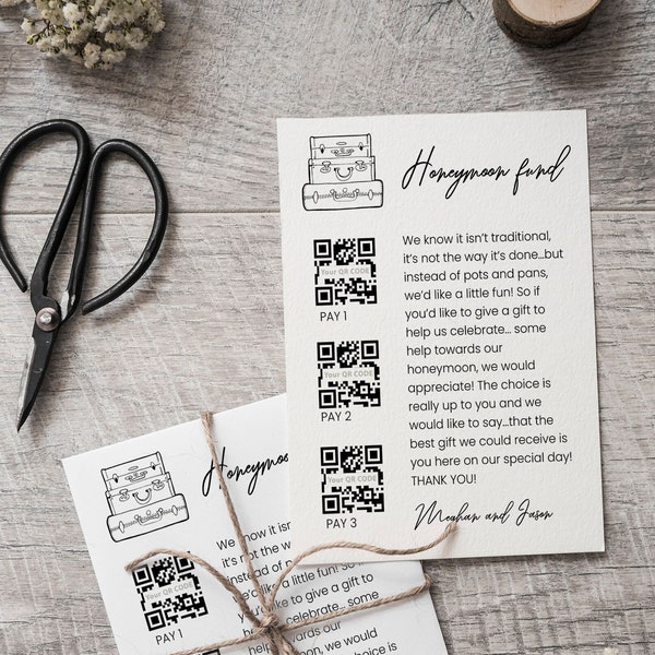 Editable Honeymoon fund request card, vintage luggages honeymoon request with multiple qr codes template, fully editable with Corjl