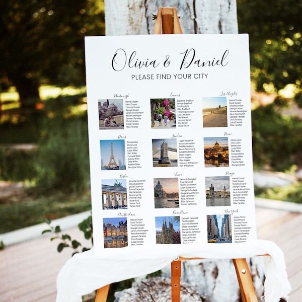 Wedding seating chart poster with photos, travel themed wedding table plan template, tableau de marriage printable AA02