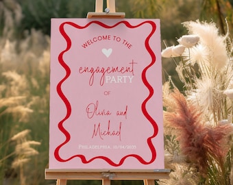 Retro Engagement Party Sign template, 70s pink and red wavy engagement sign, editable colors AA06