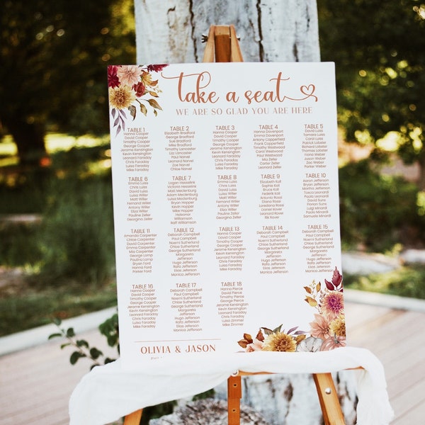 Fall Wedding seating chart poster, Autumn Flowers and pumpkins wedding table plan template, tableau de marriage printable AA027