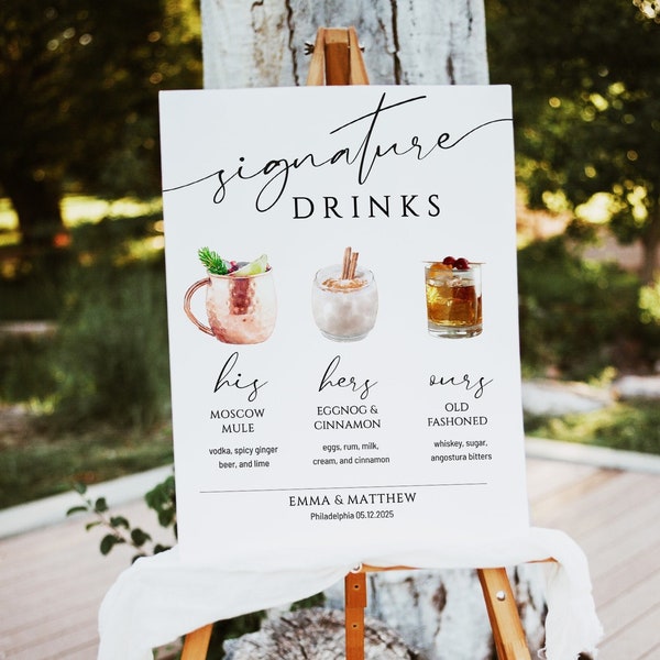 Signature Drink Sign, Signature Cocktails Sign template, his hers and ours drinks menu printable