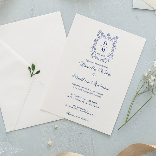 Elegant Blue Wedding Invitation, Blue Wedding Crest Invitation Printable, Elegant Botanical crest monogram wedding Invite template VT01