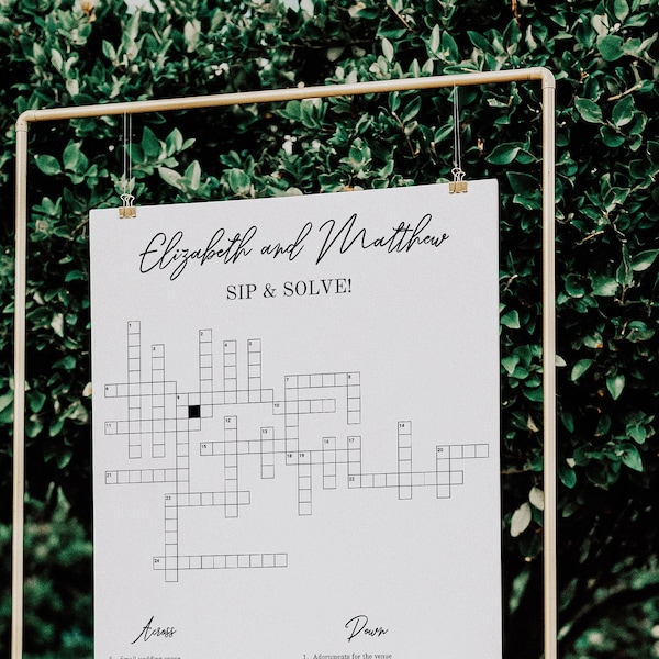 Wedding Crossword Puzzle Large sign, Minimalist Wedding Printable Crossword Game with Answer Key, Instant Download, Corjl