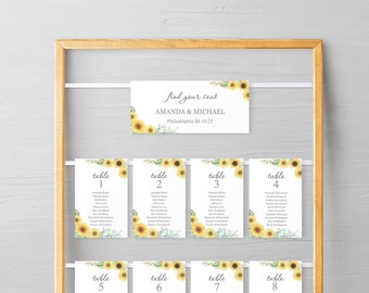 Sunflowers Seating Chart Cards template,rustic printable tableau de Marriage, Summer Wedding Table Cards, Instant Download #LMM