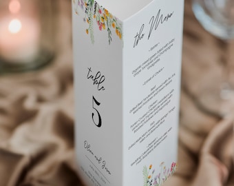 Wildflowers Trifold Table Numbers with menu and program, floral tri-fold table card editable template
