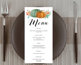 Thanksgiving-Menü-Vorlage, Herbst-Dinner-Menü zum Ausdrucken, Thanksgiving-Tischdekor, Thanksgiving-Dekorationen Pumpins, PDF bearbeitbar #PMK