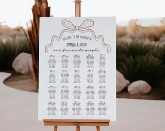 Bow Wedding seating chart poster, Printable Hand-drawn ribbon Large Guest Seating Chart Board, Hand written whimsical Tableau Mariage AA048