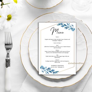 Blue leaves menu template, elegant personalized menu card printable