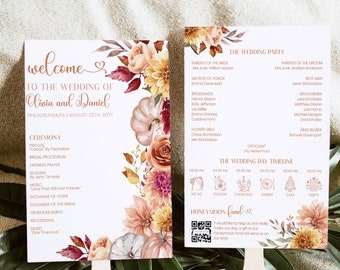 Fall Wedding Program Fan Template, Pumpkins Program, Editable floral Wedding Day Program Fan, wedding timeline printable AA027