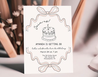 Retro Bow Birthday Party Invitation Template, Hand drawn cake Birthday Party, editable colors AA048