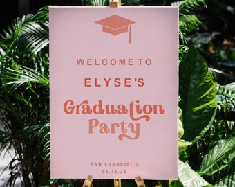 Retro Graduation Party Welcome Sign printable, editable Welcome, Grad Party, girly bold fancy script, digital download PDF