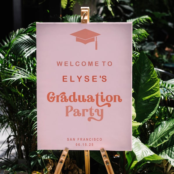 Retro Graduation Party Welcome Sign printable, editable Welcome, Grad Party, girly bold fancy script, digital download PDF