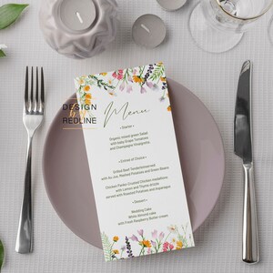 Wildblumen-Menükartenvorlage, Frühlings-/Sommer-Blumen-Menükarte zum Ausdrucken, editierbare Vorlage