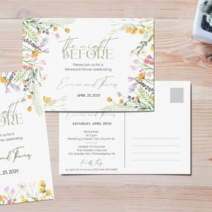 Editable wildflowers rehersal dinner postacard invitation, editable rehersal postcard invite digital download, diy postcard invite