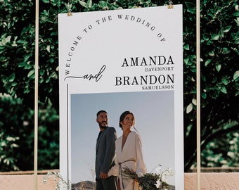 Minimalist Wedding Welcome Sign with Photo, simple black and white template editable