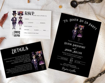 Gothic Wedding invitation set template, Skeleton Wedding Invitation Suite Printable, Til death do us Invite, editable with Corjl, AA021