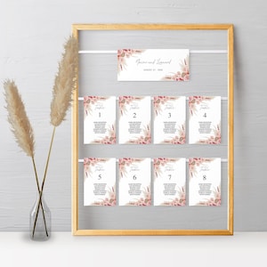 Cartões para impressão de gráfico de assentos Boho, modelo de cartões de mesa de flores secas de grama de pampas e orquídeas, download digital PDF editável