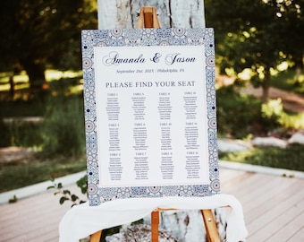 Dusk pink and blue tiles Seating Chart printable sign, Wedding seating chart template