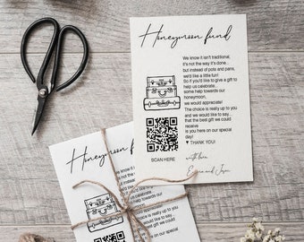 Tarjeta de código QR del fondo de luna de miel imprimible, tarjeta de inserción del fondo de luna de miel de boda, plantilla editable personalizada, descarga instantánea de PDF
